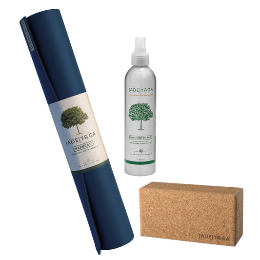 Jade Yoga Harmony Mat - Midnight & Jade Yoga Cork Yoga Block - Small + Jade Yoga Plant Based Mat Wash - 8 oz Starter Kit